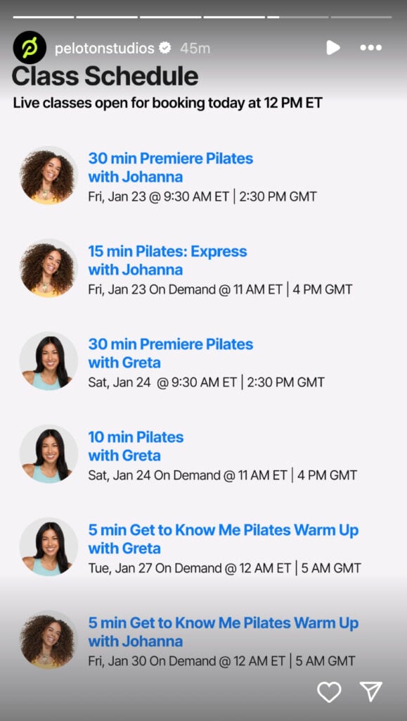 Upcoming Pilates classes with Johanna and Greta. Image credit Peloton social media.